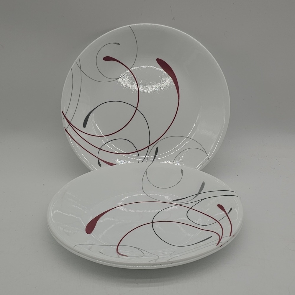 3 Corelle Splendor Red Gray Swirls Bread Dessert Plates 6.75"
